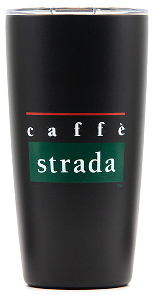 Black tumbler with Caffe Strada logo